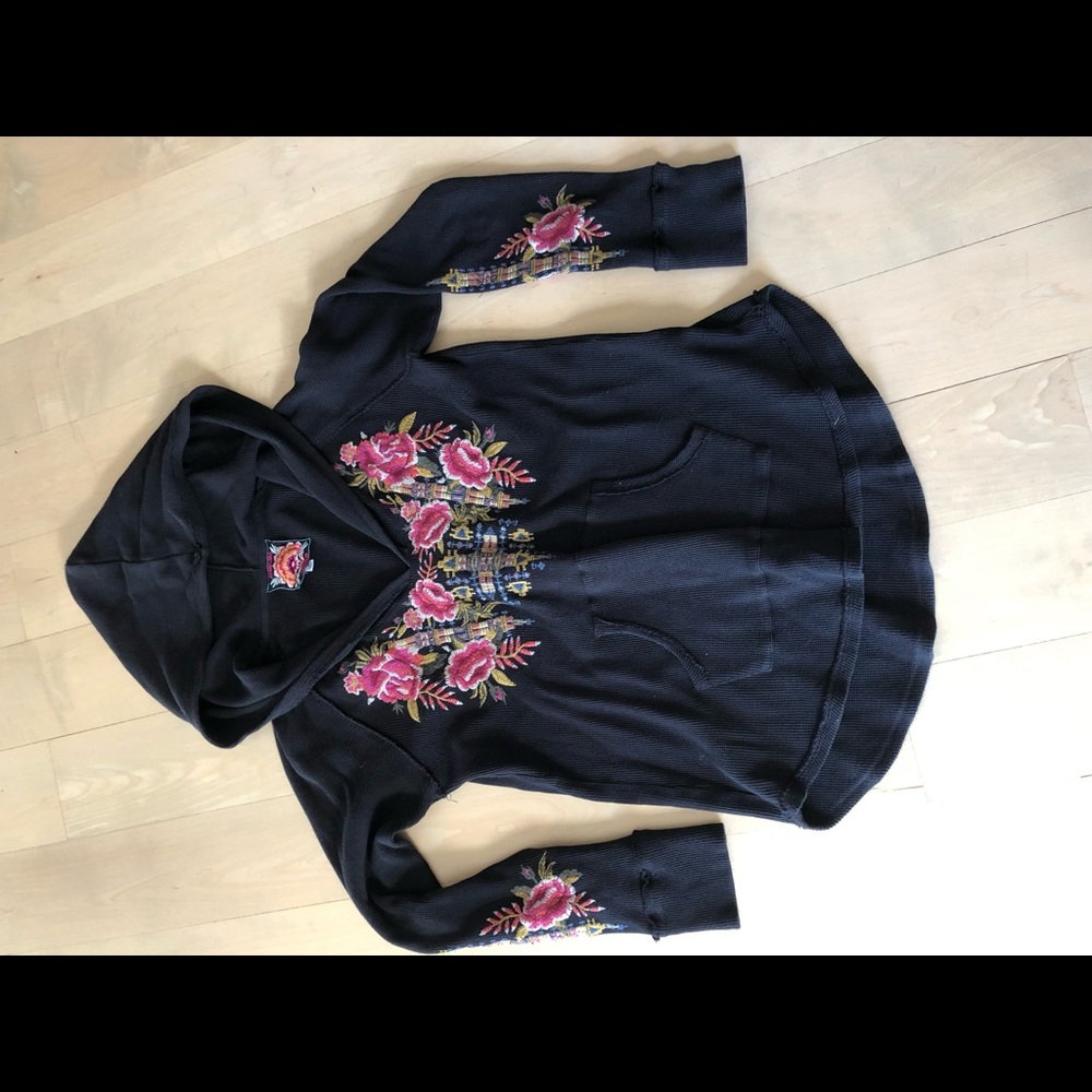 Johnny Was long-sleeve, hooded pullover sweater.